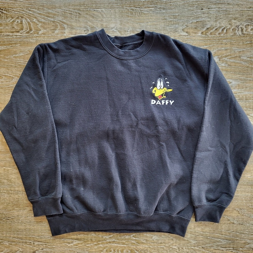 Looney Tunes Daffy Duck Embroidered Black Crewneck Sweatshirt Mens Medium